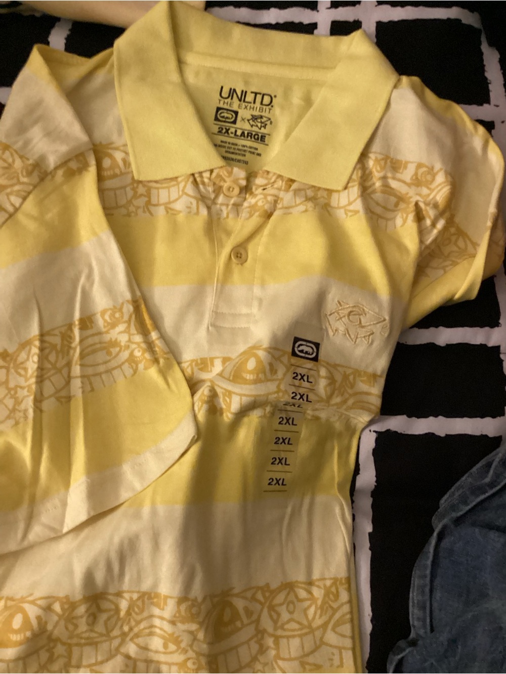 Ecko Unlimited Yellow & Cream Striped Graphic Polo